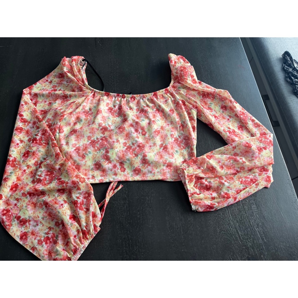 Forever 21 Floral Print Ruched Cropped Long Sleeve Top Square Neck Festival - Picture 4 of 8